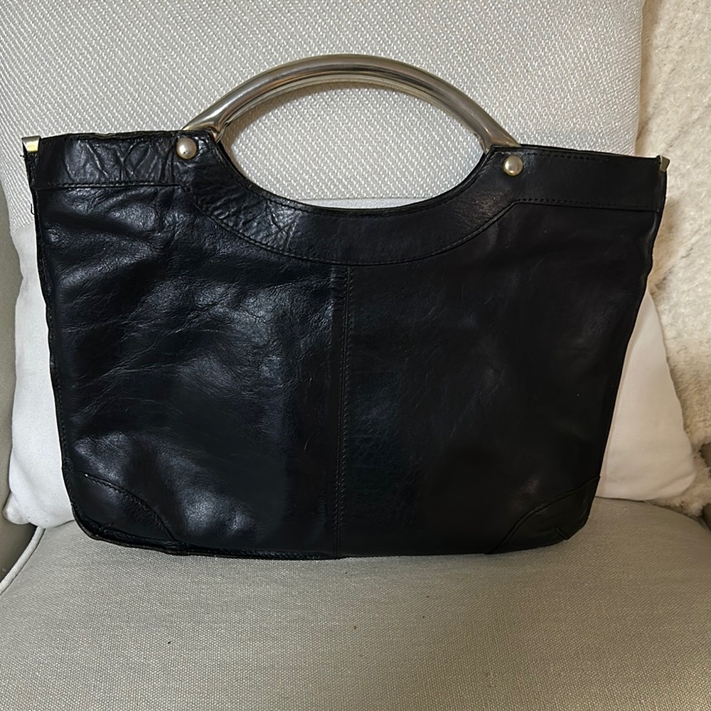 Classic Black Leather Tote with Silver Handles
